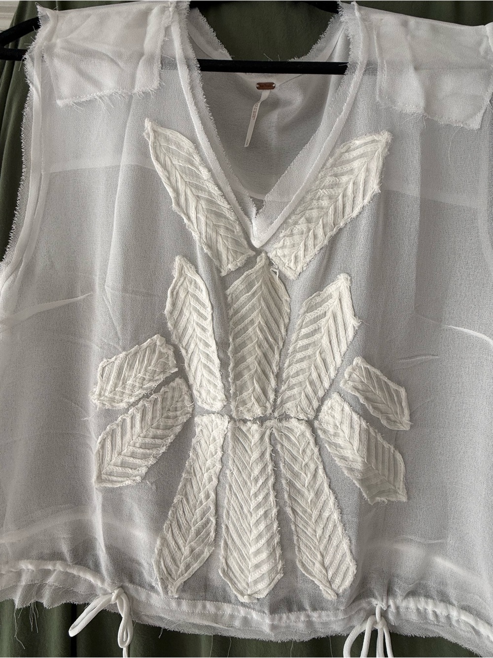Free People White Embroidered Drawcord Sleeveless V-Neck Top - Picture 2 of 6